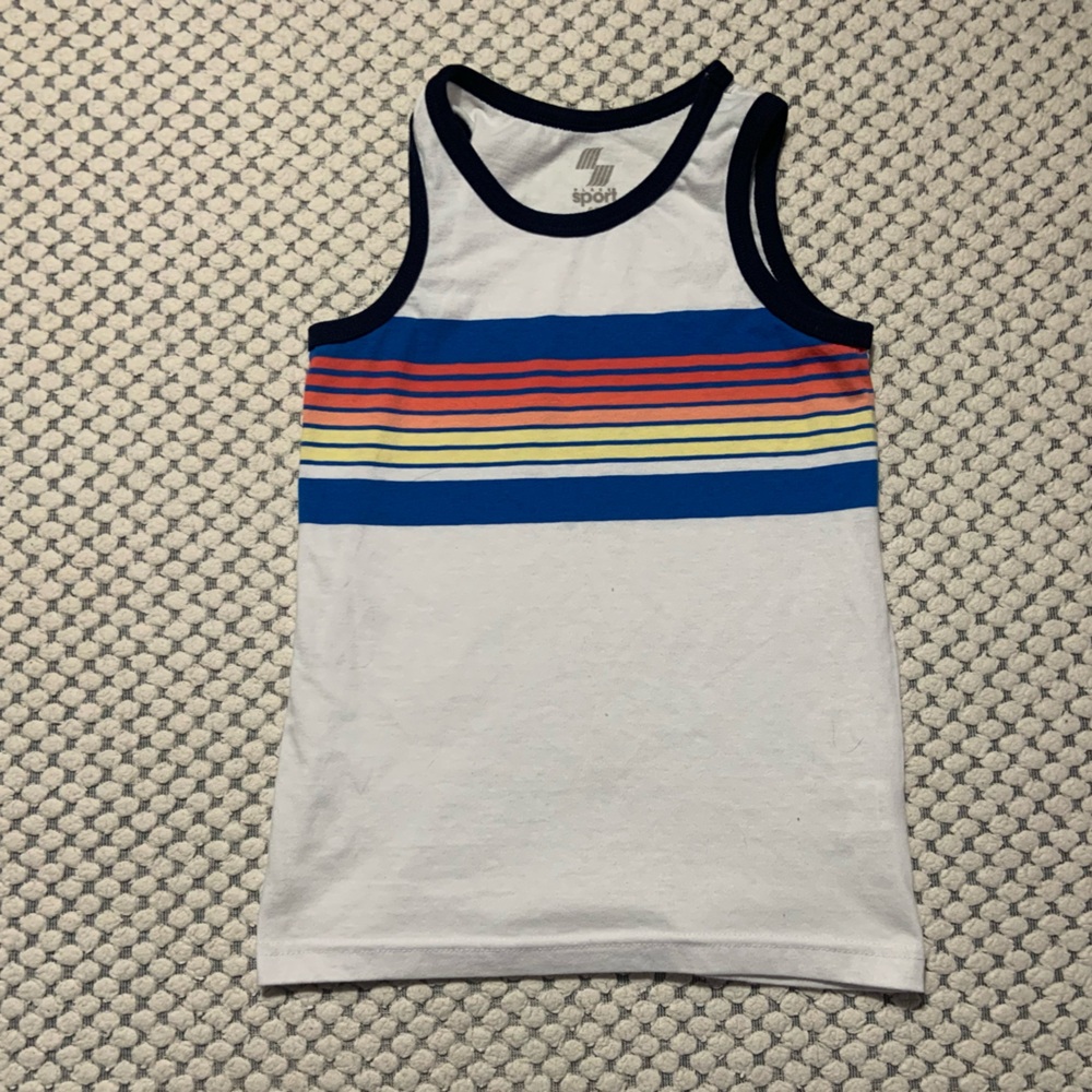 Blue and White Tank Top with Colorful Hem